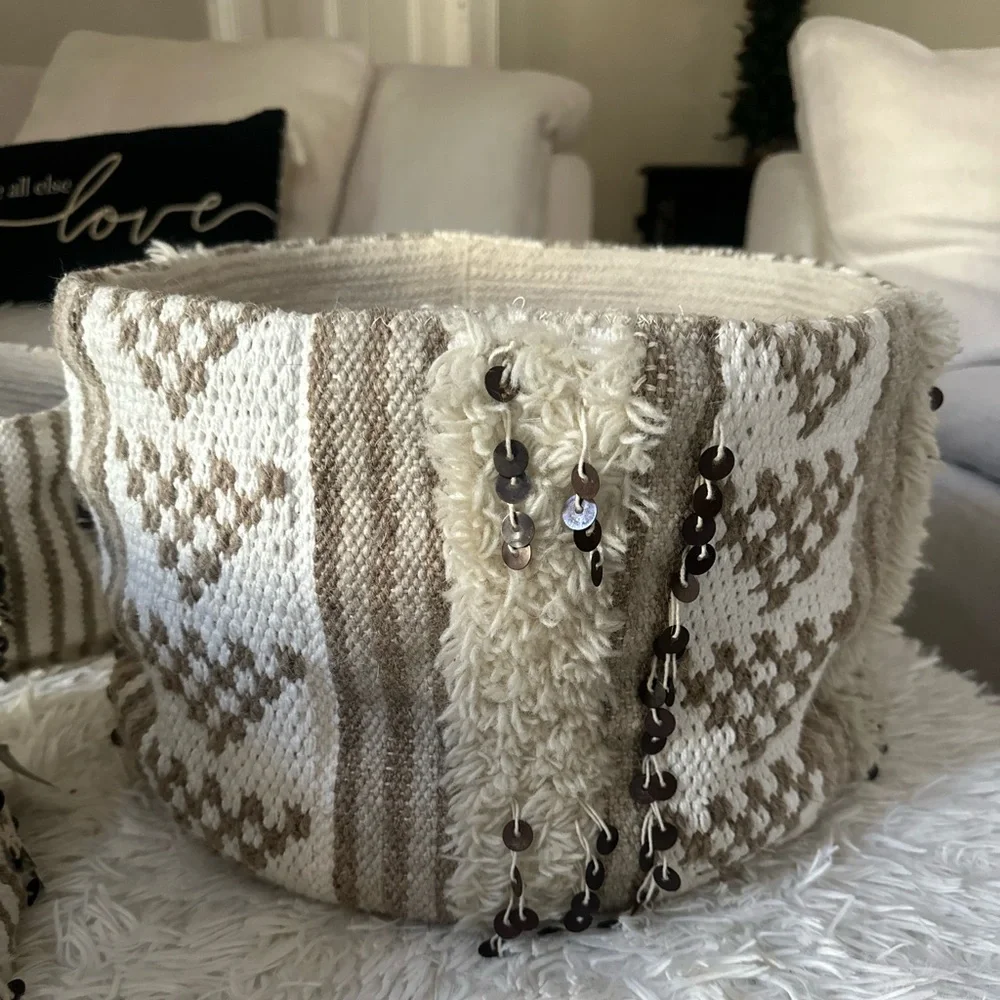 RH TEEN Moroccan Embellished Storage Basket Set Natural Size: 1 Med 2 Small